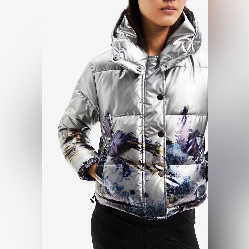 Desigual Padded Vintage Landscape Metallic Silver Coat EU LG US MED Gorpcore
